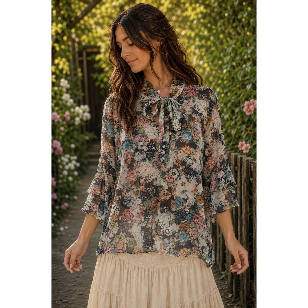 Sheer Floral Tie Neck Blouse Bell Sleeve Size L Boho Cottagecore Whimsigoth